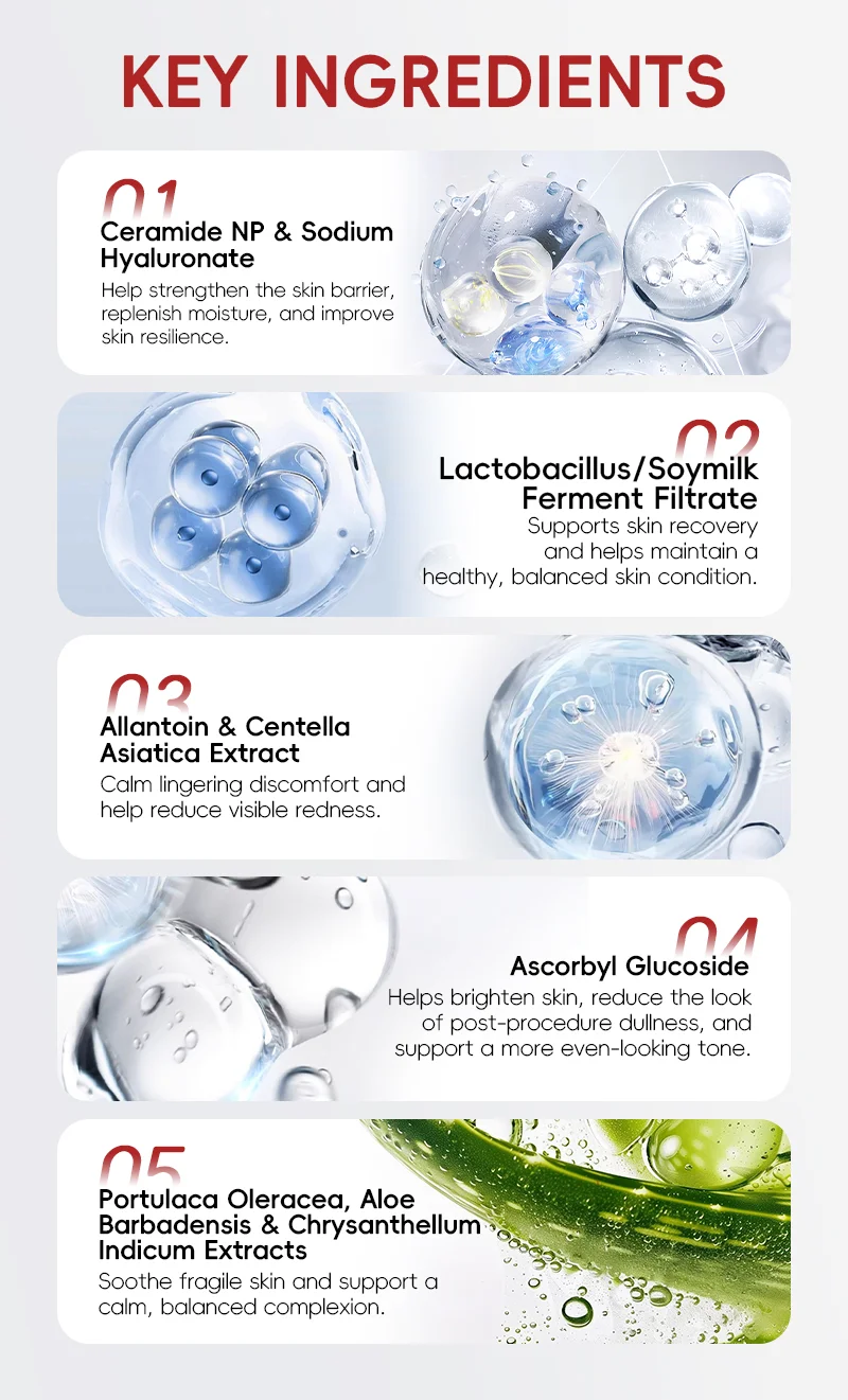 Graphic showcasing five key skincare ingredients with benefits, including ceramide, sodium hyaluronate, lactobacillus filtrate, allantoin, ascorbyl glucoside, and aloe extracts.